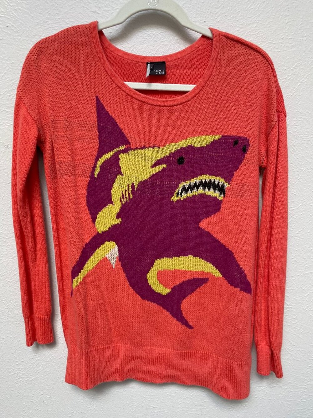 Like New Sparkle & Fade Coral Shark Pop Art Knit Crewneck Sweater S